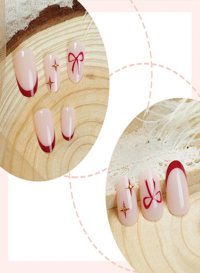 HJKDSFD Oval Press on Nails Short Fake Nails Red French Tip Glue on Nails Valentine False Nails with Bow and Star Designs Cute Glossy Acrylic Nail Holiday DIY for Women Stick on Nail 24Pcs - Image 2
